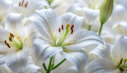 Obraz premium Elegant white lilies with water droplets, perfect for weddings, celebrations, and adding a touch of natural beauty to any design