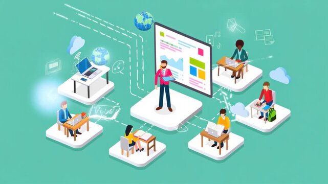 isometric online learning scene with teacher holding tablet and animated data on large screen surrounded by diverse students engaging with laptops and tablets connected by flowing data streams