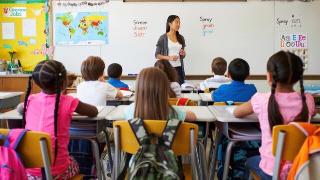 Teacher standing by whiteboard teaching English vocabulary to attentive elementary students seated at desks in a bright classroom with colorful decorations