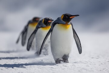 Fototapeta premium Charming Penguins Gliding Across the Snowy Landscape of South Georgia Island