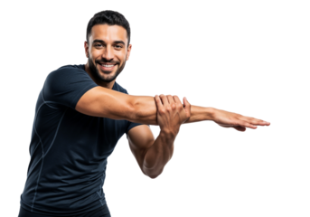 Young man stretching his arms with a smile in a fitness outfit against a white background