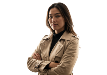 Confident woman in trench coat posing against plain background during indoor photoshoot