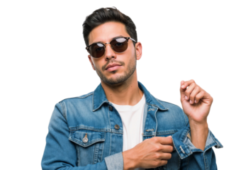 Stylish man poses confidently wearing sunglasses and denim jacket