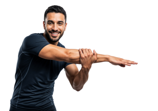 Young man stretching his arms with a smile in a fitness outfit against a white background