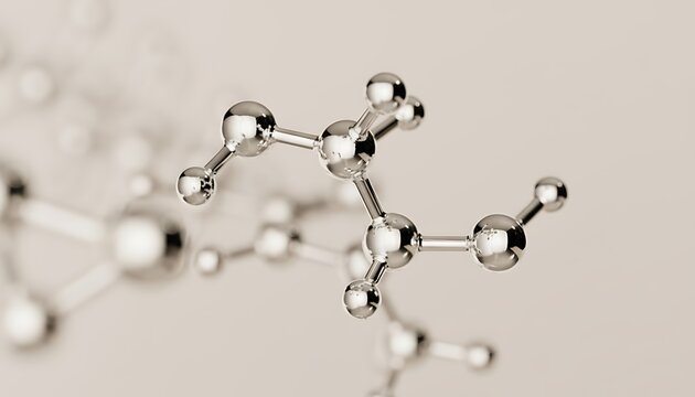 Close up of a detailed metallic molecular structure model with a shallow depth of field on a neutral background