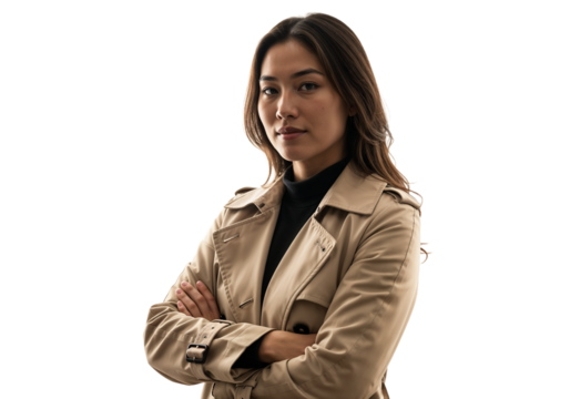 Confident woman in trench coat posing against plain background during indoor photoshoot - Powered by Adobe