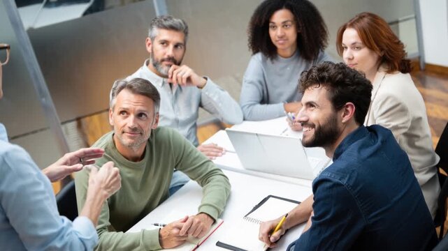 A professional woman presenting to a diverse group of colleagues seated around a meeting table, engaging expressions and attentive listening in a collaborative office environment