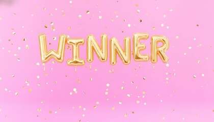 Golden winner balloons floating on a vibrant pink background with scattered sparkling confetti celebrating success and achievement