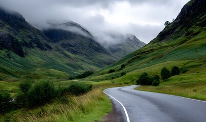 Naklejka premium Scottish Highlands with a winding road through misty hills
