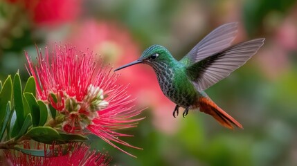 Fototapeta premium Bright green hummingbird hovers near striking pink flowers showcasing natures beauty in full bloom.
