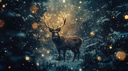 Fototapeta premium Majestic Stag Illuminated by Enchanting Lights in a Winter Wonderland of Sparkling Snow and Mystical Forest Shadows