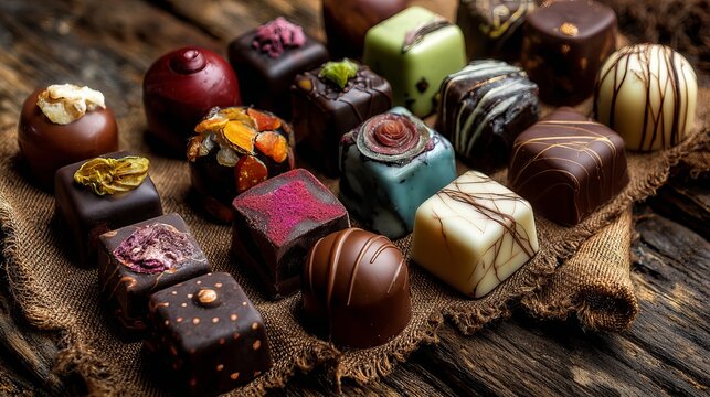 Indulge in exquisite artisan chocolates, a decadent collection of gourmet treats perfect for gifting or personal luxury.
