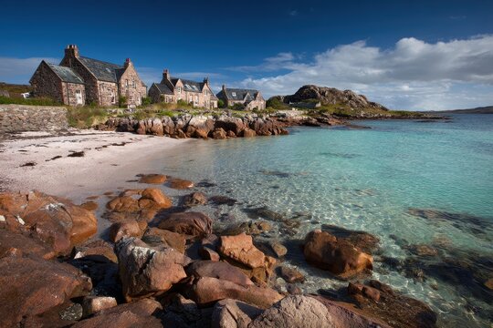 Picturesque Iona: Scenic Harbor Houses Framed by the Sea and Sky in Stunning Isle of Scotland Landscape