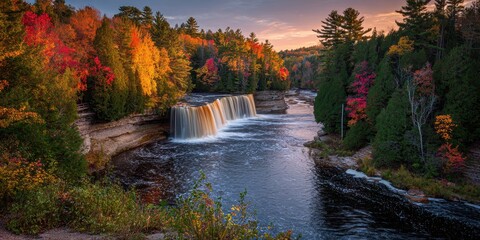 Stunning Dawn Illuminating Upper Tahquamenon Falls in Autumn Colors - Michigan State Park Waterfall in the Picturesque Upper Peninsula