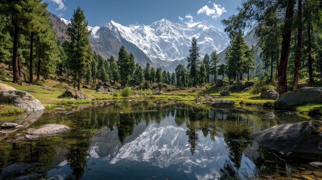 Nanga Parbat Reverberated in a Serene Pond at Fairy Meadows: A Stunning Alpine Adventure Destination Surrounded by Lush Green Forests