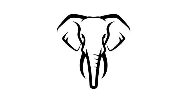 A stylized black and white illustration of an elephant's head facing forward.