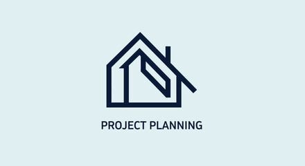 A minimalist line art logo featuring a house outline with an integrated abstract 'P' shape, accompanied by the text "PROJECT PLANNING".
