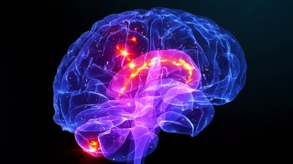 A transparent glowing blue and purple brain slowly rotating on a dark background with red and yellow illuminated neuron signals flowing and flickering like electrical currents