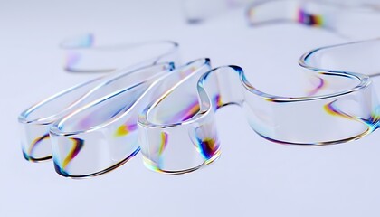 Fototapeta premium Abstract close up of iridescent translucent geometric shapes with rainbow light refractions on a soft white background