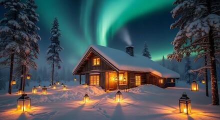 Cozy winter cabin illuminated by warm lanterns under the mesmerizing glow of the northern lights