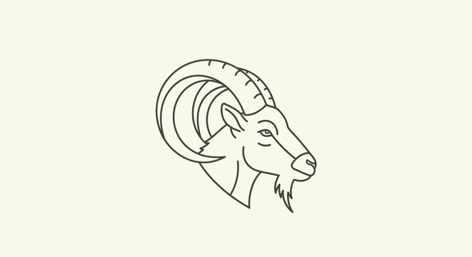 Line art illustration of a majestic ram or goat head with large curved horns, depicted in profile on a plain background.