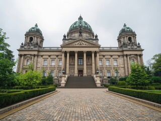 Obraz premium Grand neoclassical building with domes and manicured gardens under a cloudy sky