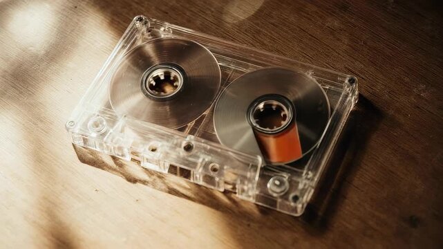 Clear Cassette Tape With Silver Reels and Orange Tab Resting on Wood Surface With Natural Light Shadows