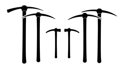 Black silhouettes of pickaxes stand against a stark white