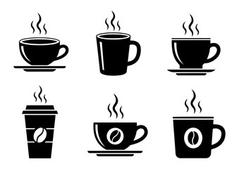 set of six black coffee cup icons are displayed against