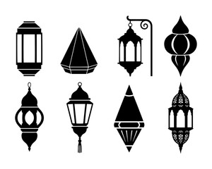 Flat illustration icon of a collection of eight unique black