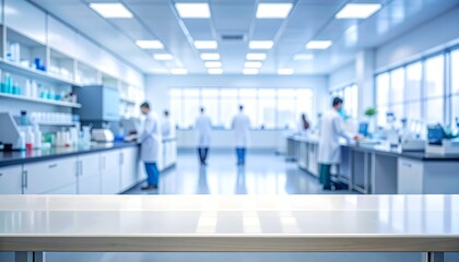 Blurred laboratory with scientists at work and a clear tabletop in the foreground