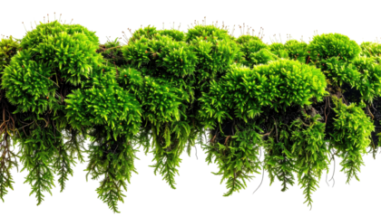 Lush, vibrant moss clings to a slender, dark branch
