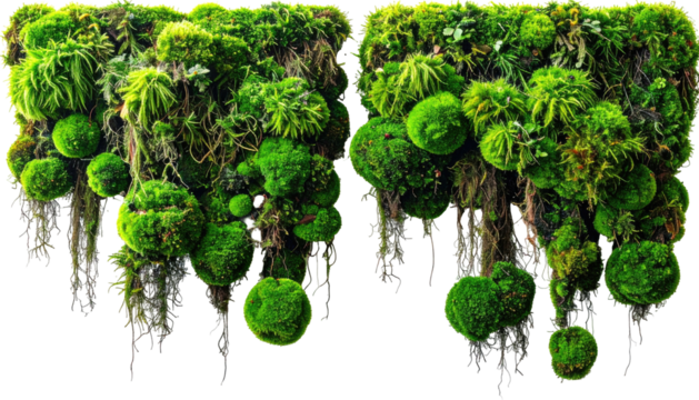 Lush green mossy botanical arrangement with hanging elements