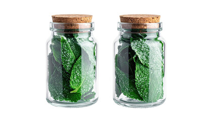 Two small glass jars full of green leaves, capped with cork
