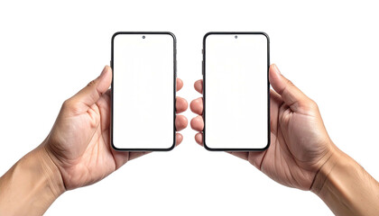 Two hands holding smartphones with blank white screens