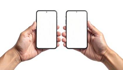Two hands holding smartphones with blank white screens