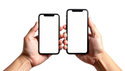 Two hands holding two blank-screened smartphones