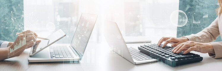 Business professionals collaborate on data analysis in a modern office