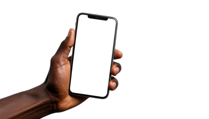 Dark skin holds phone with blank white screen. Black background