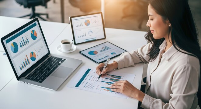 Businesswoman analyzes data at modern office workspace