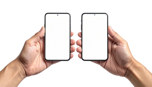 Two hands holding smartphones with blank white screens