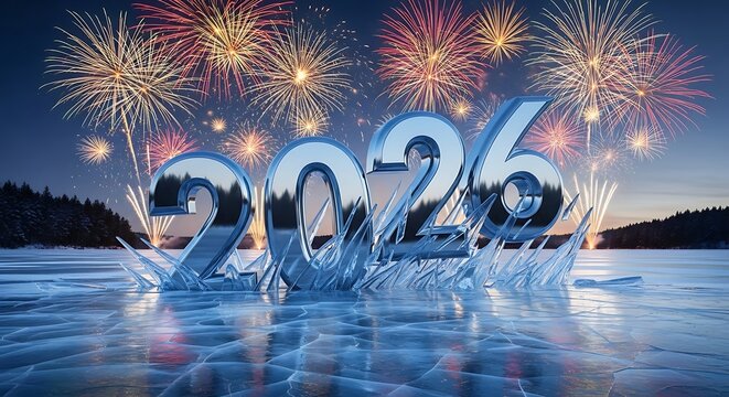 Sparkling new year 2026 ice sculpture reflecting on frozen lake under festive fireworks display