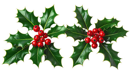 Holly sprigs display glossy leaves, red berries on black