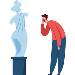 Man admiring a light blue classical statue on a dark blue pedestal in an art gallery with a clean transparent background showcasing a contemplative moment of cultural appreciation