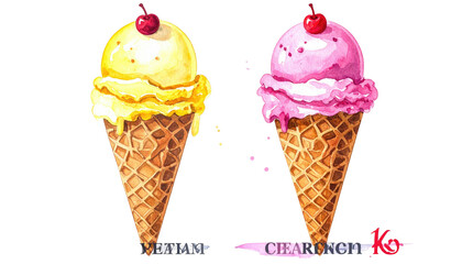Two watercolor ice cream cones, one yellow, one pink, on black