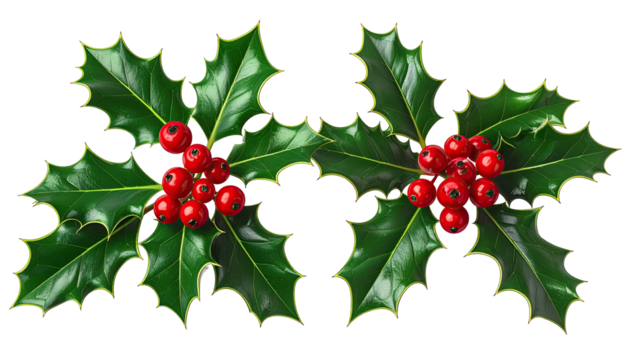 Holly sprigs display glossy leaves, red berries on black