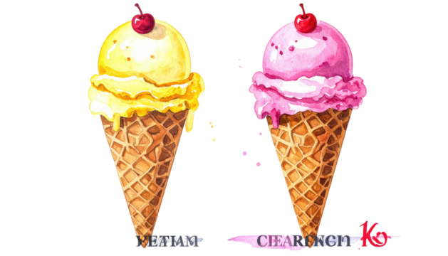 Two watercolor ice cream cones, one yellow, one pink, on black