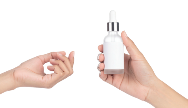Hand holding serum bottle near another hand - Powered by Adobe