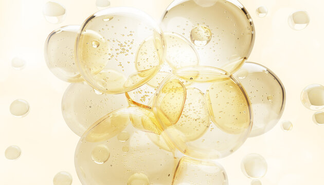 3d jojoba or almond oil drops, yellow liquid bubbles of vitamin essence, collagen gel, retinol serum, honey or keratin shampoo. Cosmetic skin care spheres floating on light background. 3D illustration