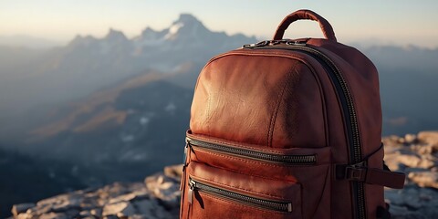 Leather Backpack on Mountain Ledge at Sunrise